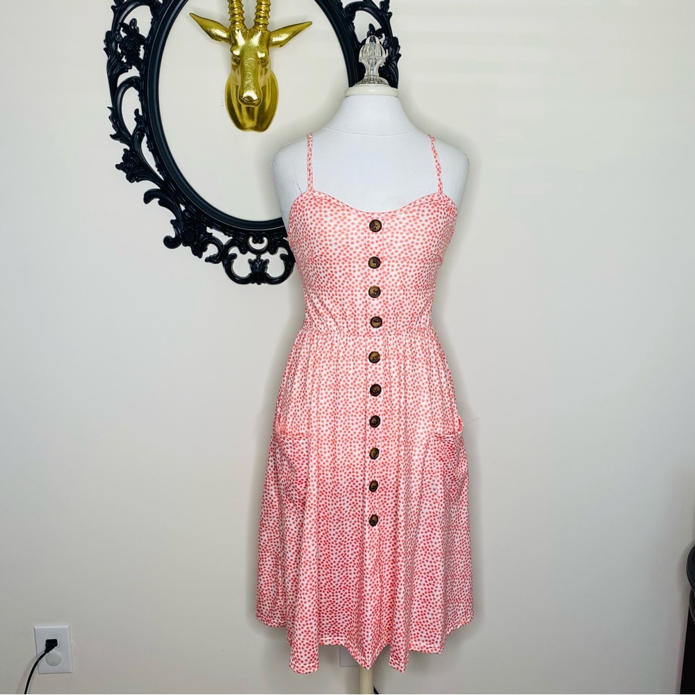 Spaghetti Strap Dress with Coral Dots and Buttons